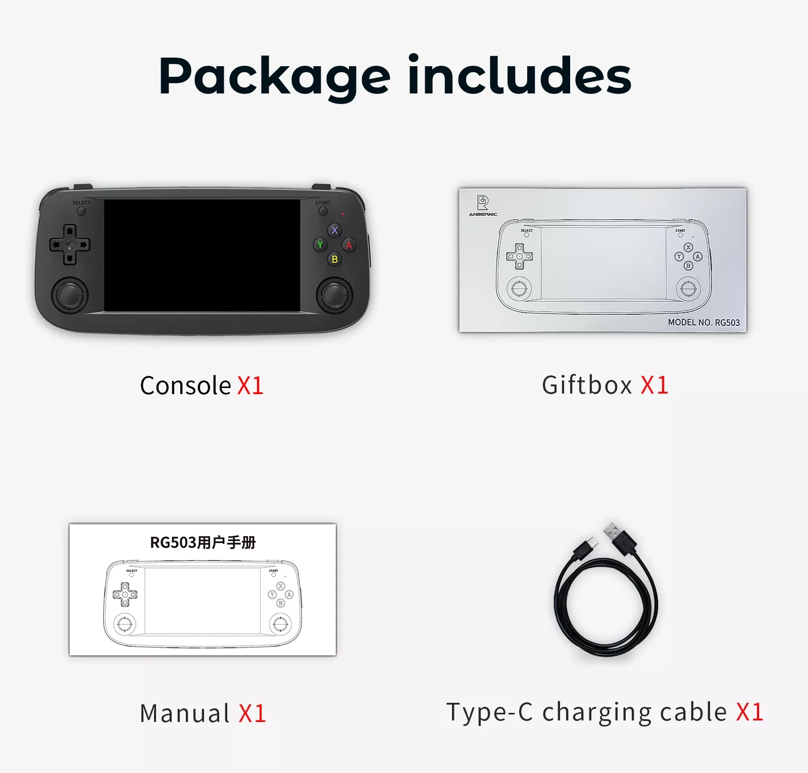 Anbernic RG503 with box, charging cable, manual, and screen-protector