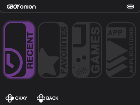 OnionOS: Main screen on the Miyoo Mini Plus Onion OS: Main screen, GBOnion Theme