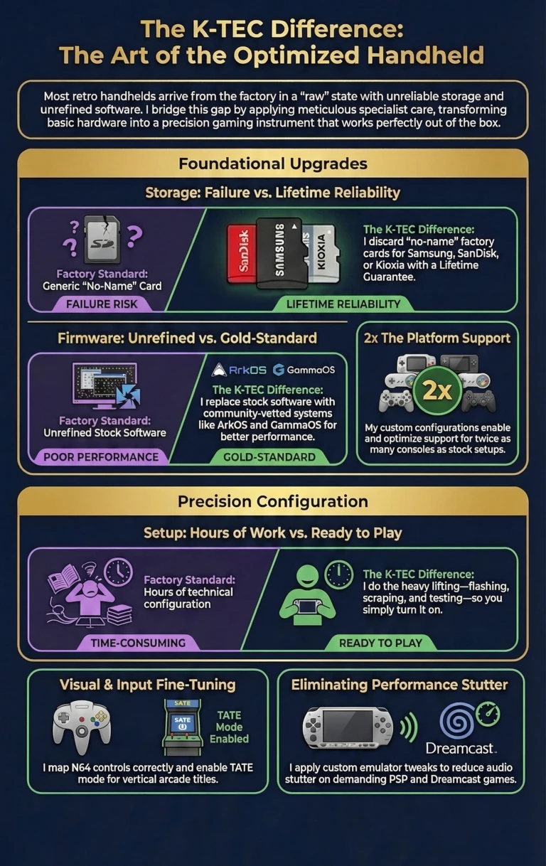 An infographic showing the K-TEC Difference: Factory Standard vs. The Optimized Handheld:

Low-quality SD cards vs. brand-name cards with a lifetime guarantee.

Unoptimized stock OS vs. ArkOS or GammaOS

Manual set-up vs. hand-tuned & ready to play

Twice as many consoles supported with a custom set-up.

K-TEC provides custom control mapping, TATE mode for arcade games, and performance tuning.

With a UK-based specialist, you get delivery in a few days and an expert on the end of the phone.

Ready. Play. Relive. K-TEC handles the flashing, scraping, and overclocking so you can skip the set-up and start the game.