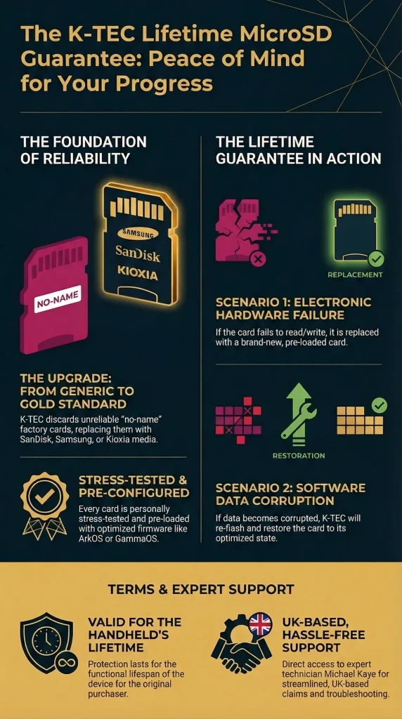 Infographic detailing the K-TEC Lifetime MicroSD Card Guarantee: showing the replacement of generic stock cards with branded Samsung and SanDisk media. Explains the two-tier coverage for hardware failure (replacement) and data corruption (re-flashing/restoration) for retro gaming handhelds in the UK.