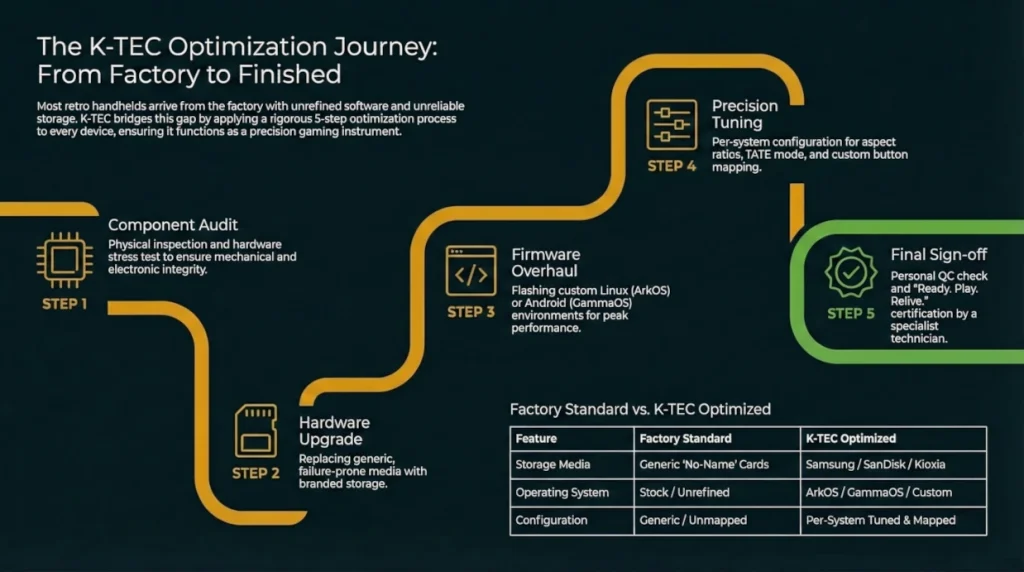 Infographic showing the 5-step K-TEC optimization roadmap for retro gaming handhelds: including hardware audits, SD card upgrades, custom firmware installation like ArkOS or GammaOS, and precision tuning for UK gamers.