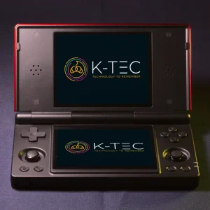 Anbernic RG DS dual-screen retro gaming handheld in Black and Crimson Red — open front view showing both 4-inch IPS displays, d-pad, face buttons, and Hall Effect thumbsticks