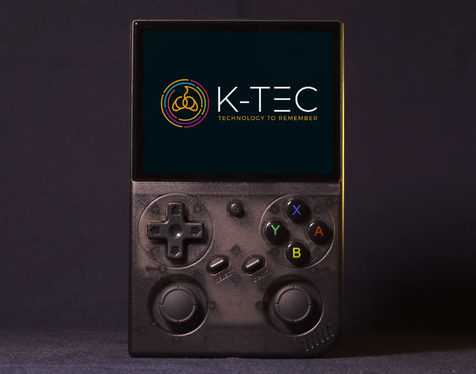 BATLEXP G350 retro gaming handheld in Transparent Black showing the 3.5-inch 4:3 IPS display