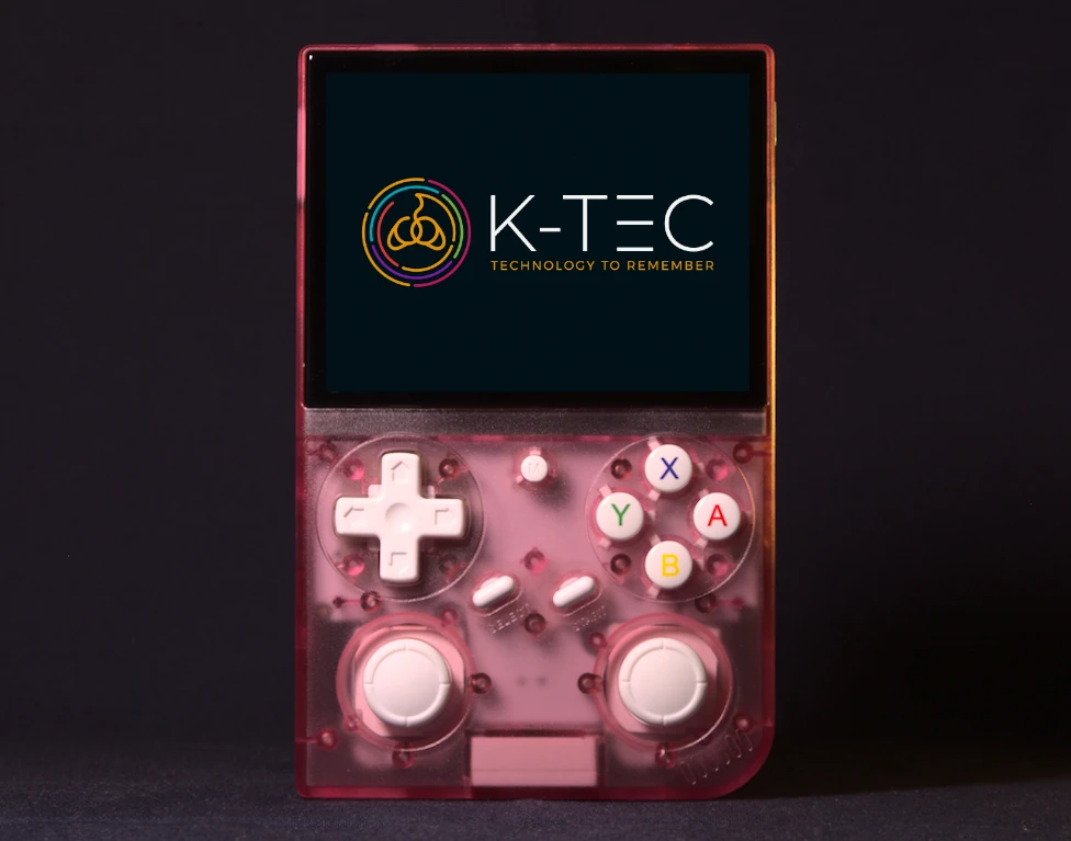 BATLEXP G350 retro gaming handheld in Transparent Pink — front view showing d-pad, face buttons, thumbsticks, and 3.5-inch IPS display