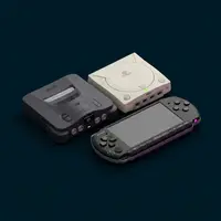 Nintendo 64, Sega Dreamcast and Sony PSP consoles representing 32-bit and 64-bit retro gaming