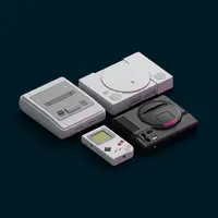 NES, SNES, Sega Mega Drive, Game Boy and PlayStation 1 consoles representing 8-bit and 16-bit retro gaming